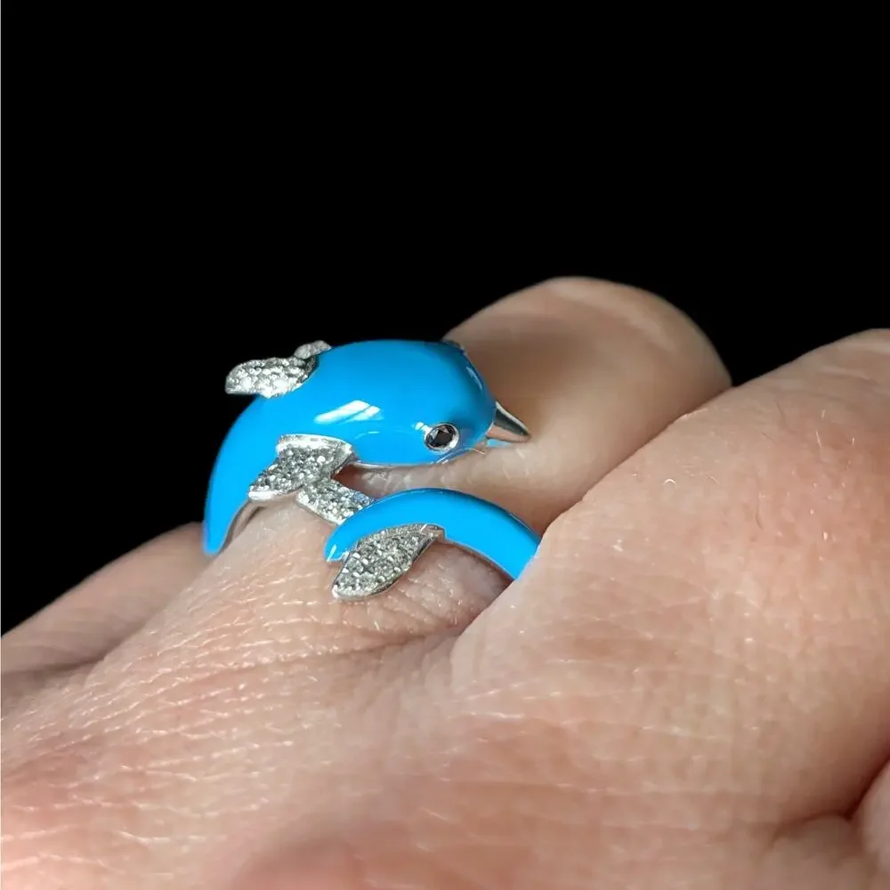EFFY Dolphin Wrap Ring Diamonds Blue Enamel 14k White Gold New Old Stock
